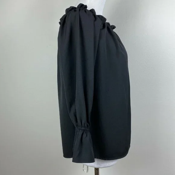 Lulus Top S Off The Shoulder Black Ruffle 3/4‎ Sleeve Solid Dressy Blouse - Picture 5 of 10